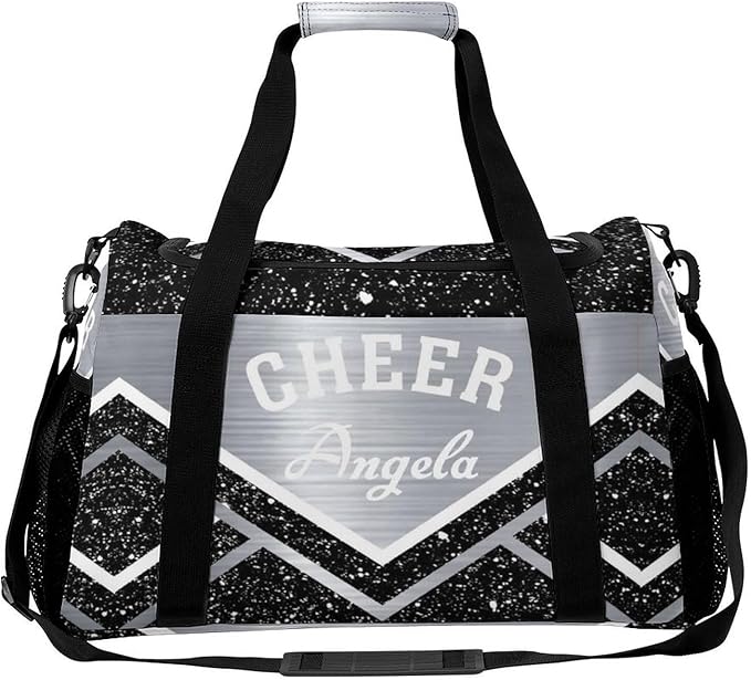 Cheer Silver Black Grey Cheering Stripes Tote Bag, Customized Duffel Bags Weekender Overnight Bag Travel Bag Personalized Gift Gym Bags Luggage Bag