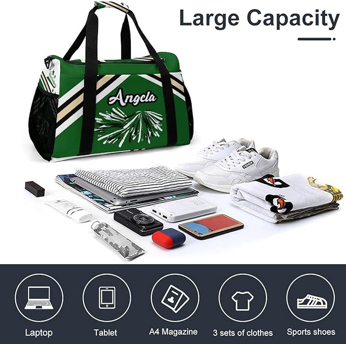 Duffle Bag, Personalized Name Green Cheer Cheerleaders Stripes Pom Travel Bag, Lightweight Gym Training Sports Bags Custom Unisex Gifts for Men Women