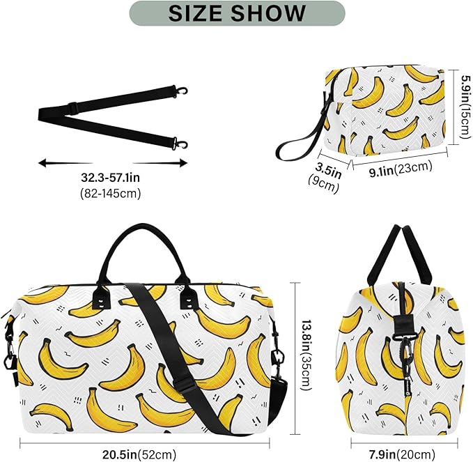 Travel Duffle Bag, Cartoon Banana Pattern Gym Bag with Storage Bag Weekender Overnight Bag for Men Women Trip Sports Yoga