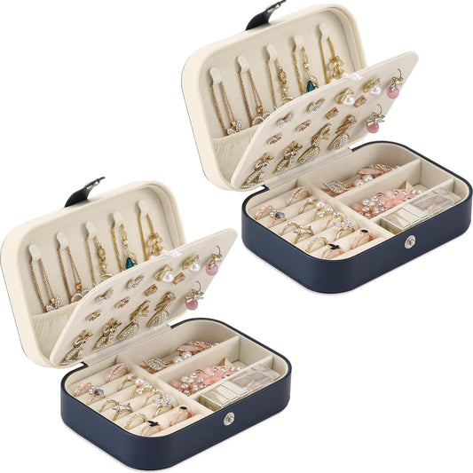 Travel Jewelry Box, PU leather Small Jewelry Organizer For Female Girls, double layer portable mini travel case for storing earrings, rings, necklaces.(Dark Blue 2pcs)