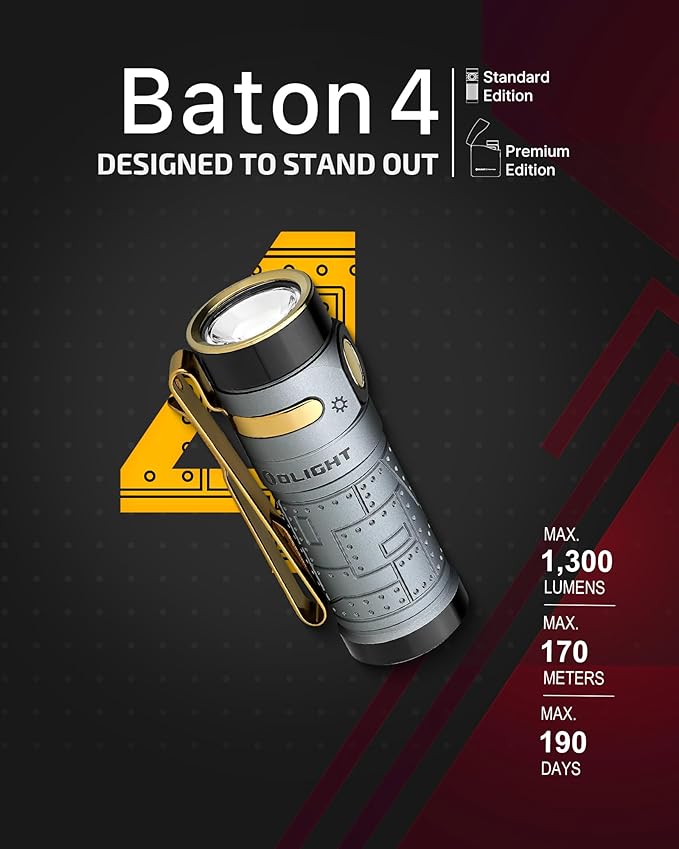 OLIGHT Baton4 Rechargeable EDC Flashlight, Bright Small Flashlight 1300 Lumens with MCC Charging Cable, IPX8 Waterproof, Multiple Modes Pocket Light for Home, Camping, and Emergencies (Fighter Pilot)
