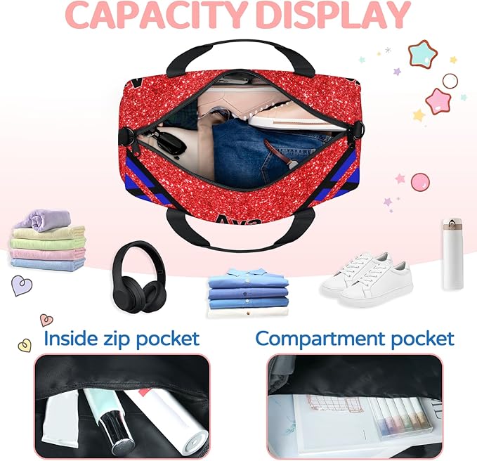 Personalized Teens Sport Duffle Gymnastics Bag, Custom Name Cheerleaders Carry On Weekender Bag for Women Travel Business Trip, Red Sequins Glitter Black Royal Blue