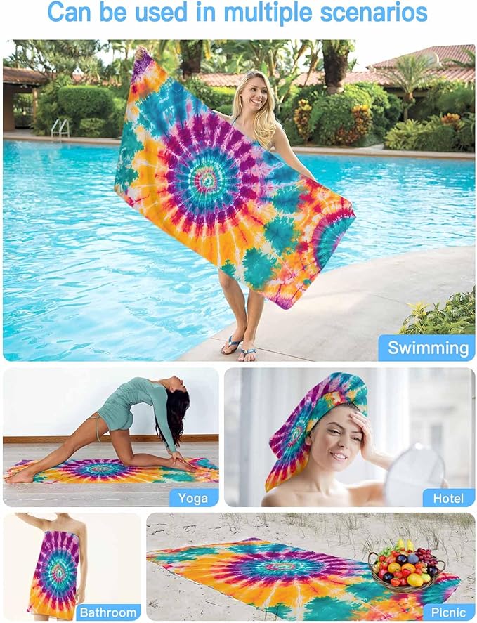 Abstract Tie-Dye Art Beach Towel 35" x 71" Purple Yellow Teal Watercolor Gradient Quick Dry Sand Free Pool Towels Soft & Absorbent Compact Towels Beach Accessories for Travel Bathroom Swimming Pool