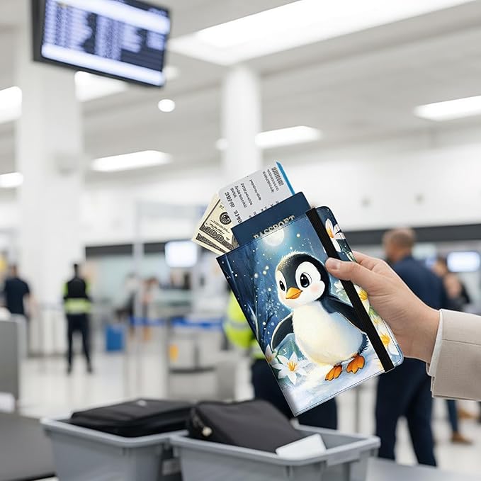 Passport Holder Wallet Cover Case,RFID Blocking Passport Cover,Large Capacity Travel Wallet with Multi Card Slots (Cute Penguin Illustration)