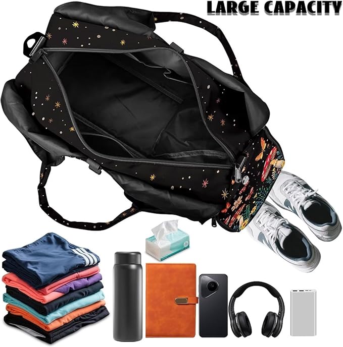 Mushroom Butterfly Gym Bag for Women Sports Travel Duffle Bag with Shoe Compartment Lightweight Swim Overnight Weekender Yoga Carry on Bags Gifts for Mom, Wife, Daughter