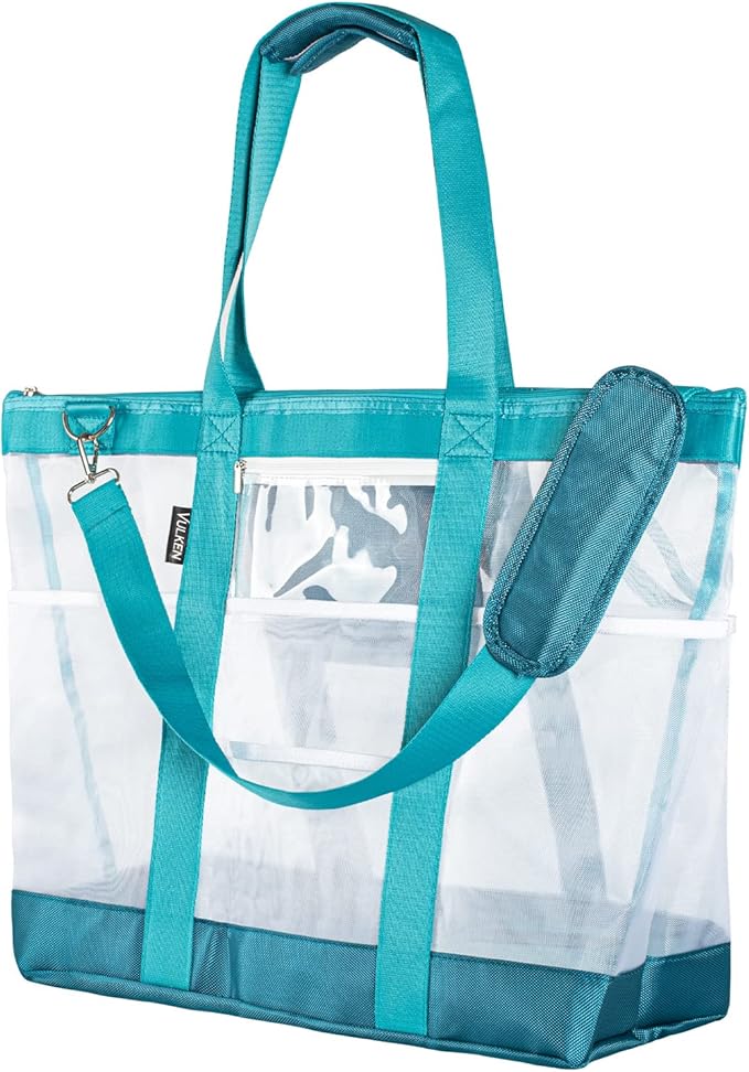 Vulken 42L Extra Large Mesh Beach Bag. 9 Pockets Top Zip Tote Bag Shoulder Bag