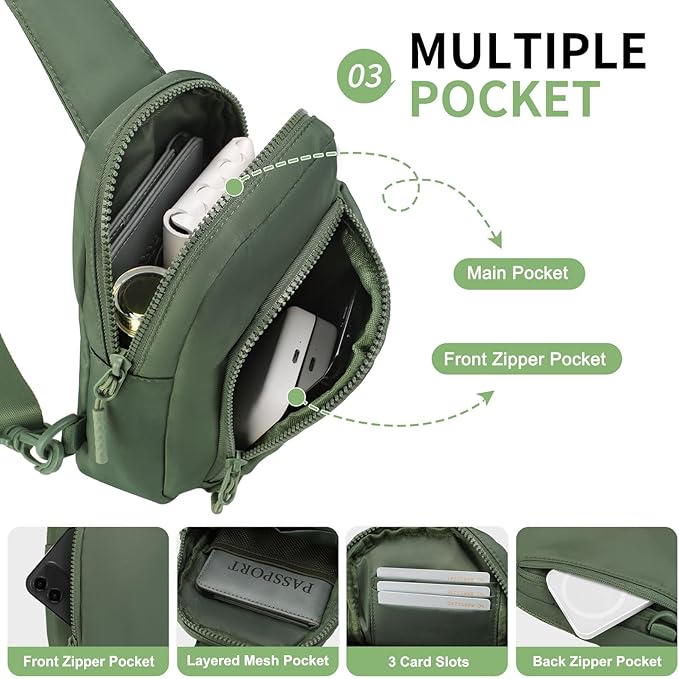 Mini Sling Bag for Men Women, Small Travel Fanny Packs Crossbody Anti Theft Reversible Nylon Chest Bag for Running Hiking (Green)