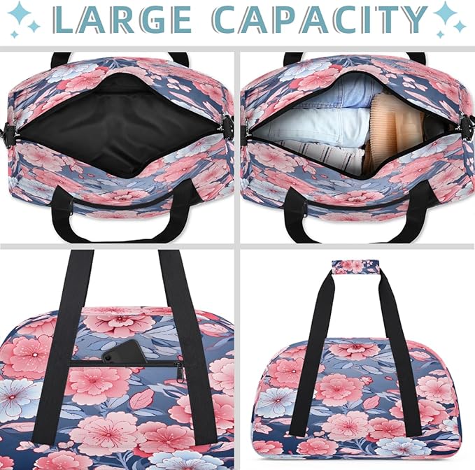 Gym Bag for Women Men, Pink Blue Floral Dark Background Travel Duffle Bags for Dance Ballet Overnight, Carry-On Weekender Bag with Detachable Shoulder Strap
