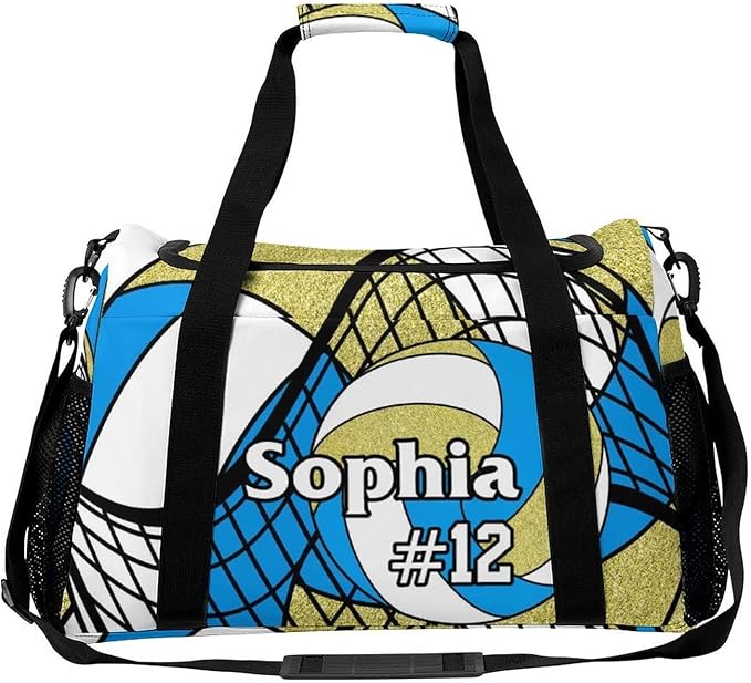Custom Volleyball Blue Gold Duffel Bag with Name Personalized Travel Bags Sport Gym Bag Carry On Weekender Bags for Men Women