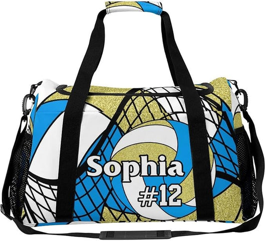 Custom Volleyball Blue Gold Duffel Bag with Name Personalized Travel Bags Sport Gym Bag Carry On Weekender Bags for Men Women