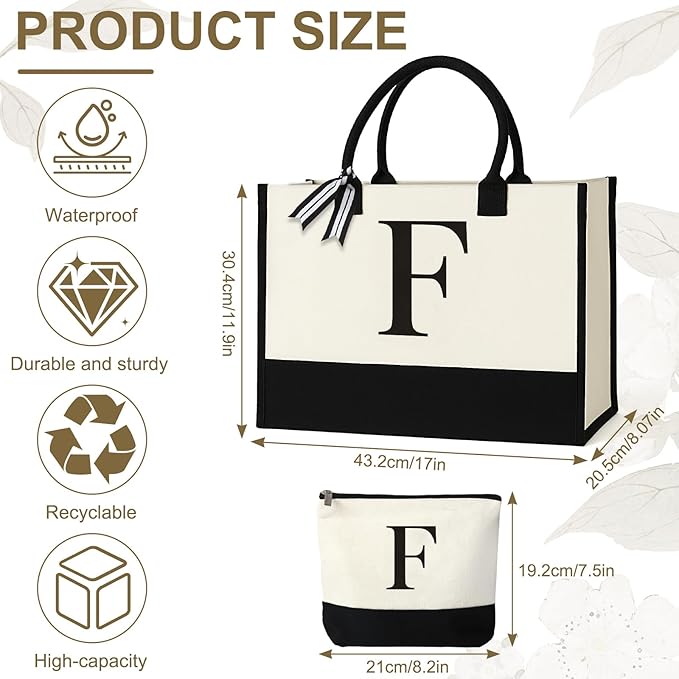 Personalized Canvas Tote Bag for Women Makeup Pouch Initial Beach Bag Removable Bottom Board for Travel Birthday