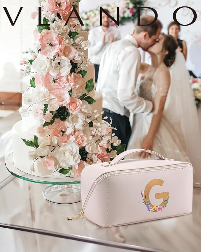 Vlando Bridesmaid Gift,Initial Makeup Bags for Women,Cosmetic Storage Bag with Zipper for Travel Essentials Birthday Wedding for Wife(Letter G)