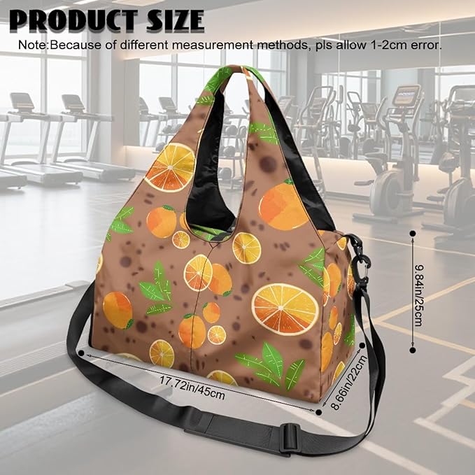 Orange Print Travel Duffel Bags for Women with Yoga Mat Strap, Lightweight Brown Gym Bag with Shoe Compartment Wet Pocket Fitness Stylish Sport Tote Bag