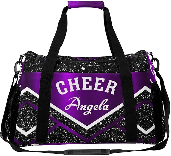 Custom Cheerleader Purple Cheering Black White Duffel Bag with Name Adjustable Shoulder Strap Pack Handheld Crossbody Travel Bag for Teens Men Women