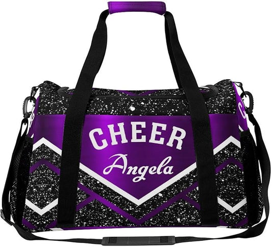 Custom Cheerleader Purple Cheering Black White Duffel Bag with Name Adjustable Shoulder Strap Pack Handheld Crossbody Travel Bag for Teens Men Women