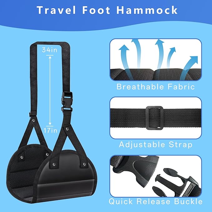 Airplane Foot Hammock for Plane Travel, Portable Foot Sling for Airplane Travel, Adjustable Plane Leg Hammock for Long Trip, Relax Your Feet, Travels Essentials 2 Pack, Black & Blue
