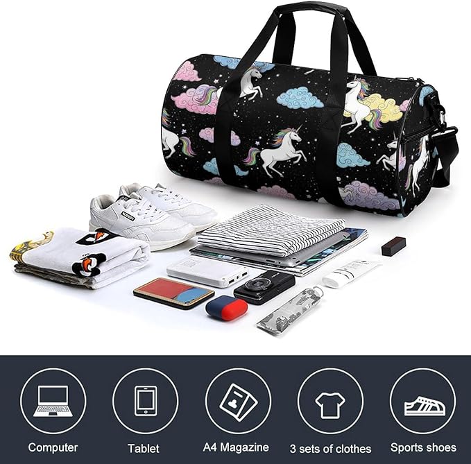 Foldable Gym Travel Bag Basketball Football Weekender Bag Carry on Beach Yoga Overnight Luggage Bags (Cute Unicorns (26))