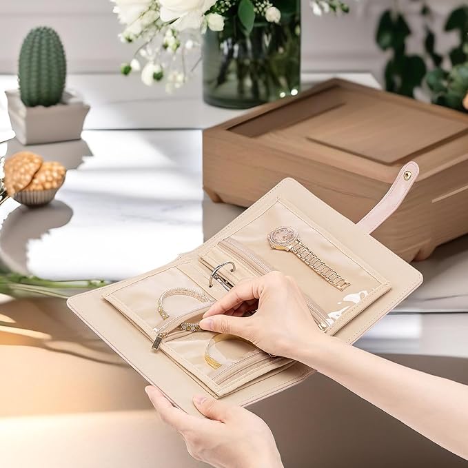 Vlando Jewelry Book Organizer - Leather Travel Jewelry Case with 5 Detachable Pages for Necklaces, Rings, Earrings, Tangle-Free, Giftable,Seashell Pink