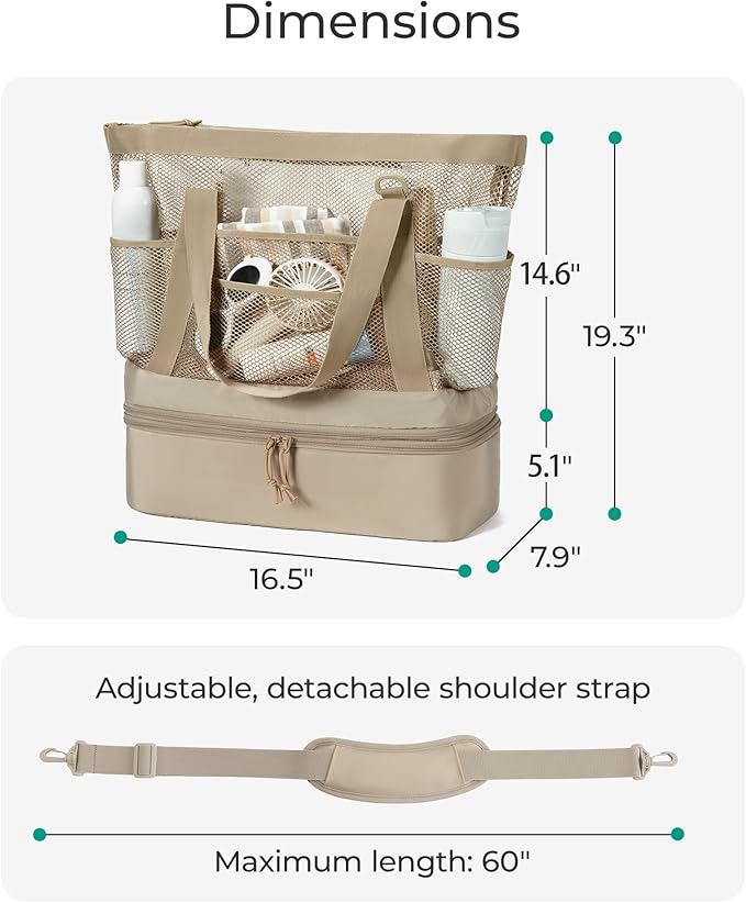 BAGSMART Beach Bag for Women, Mesh Tote Bags with Zipper, Sandproof Vacation Essentials with Cooler for Swim Cruise Pool