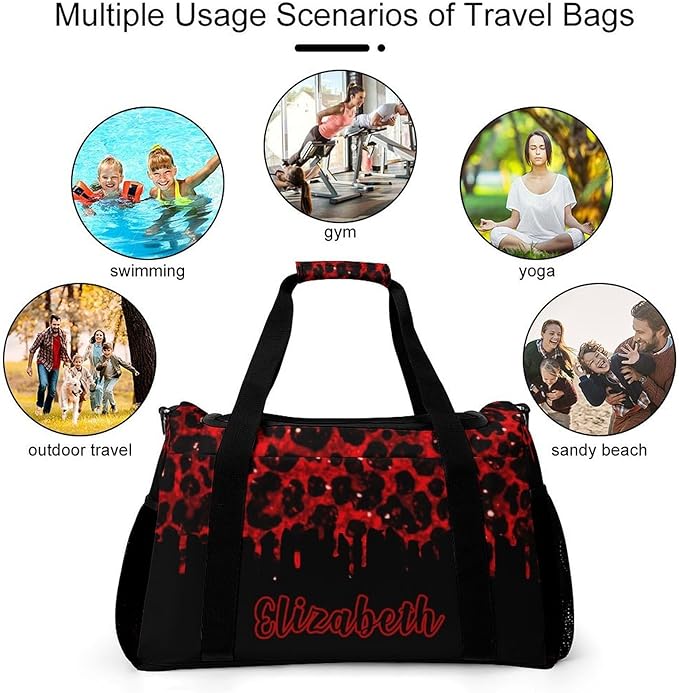 Red Maroon Leopard Sparkle Print Luggage Bag Waterproof Duffel Bag Adjustable Shoulder Strap Perform Training Travel Bag for Teens Adults Backpack