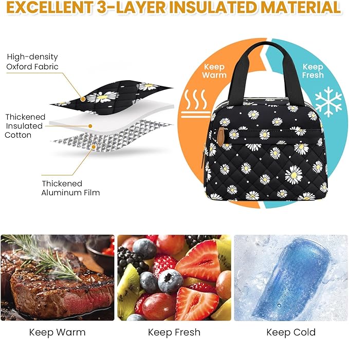 Insulated Lunch Bag for Women, Portable Lightweight Lunch Box for Adults, Reusable Small Lunch Tote Cooler Bags with Front Zipper Pocket for Work School Picnic(Black-Floral)