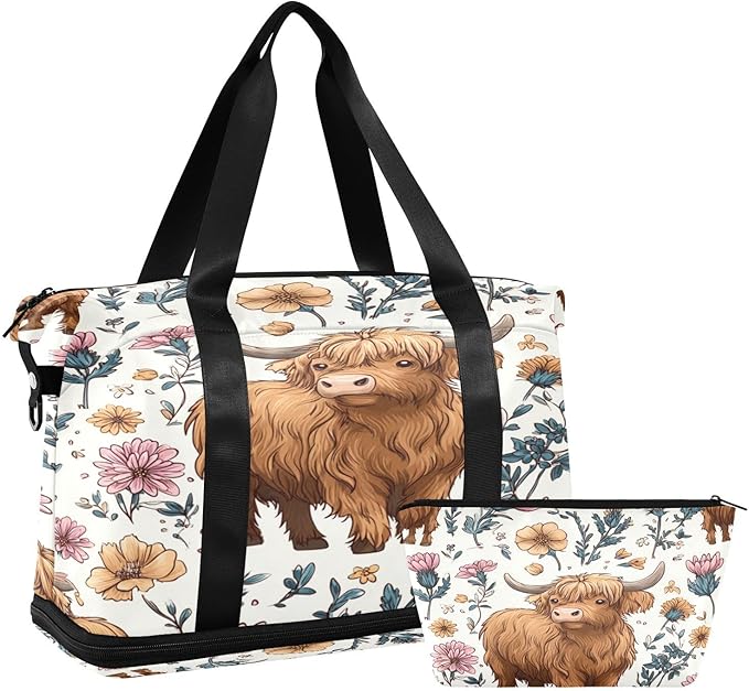 Travel Duffel Bags for Women Highland Cow Floral Print Sports Duffel Bags Gym Bags with Shoes Compartment Tote Bag Weekender Bag for Travelling
