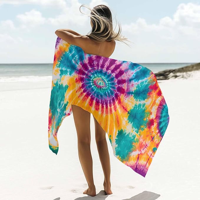 Abstract Tie-Dye Art Beach Towel 35" x 71" Purple Yellow Teal Watercolor Gradient Quick Dry Sand Free Pool Towels Soft & Absorbent Compact Towels Beach Accessories for Travel Bathroom Swimming Pool