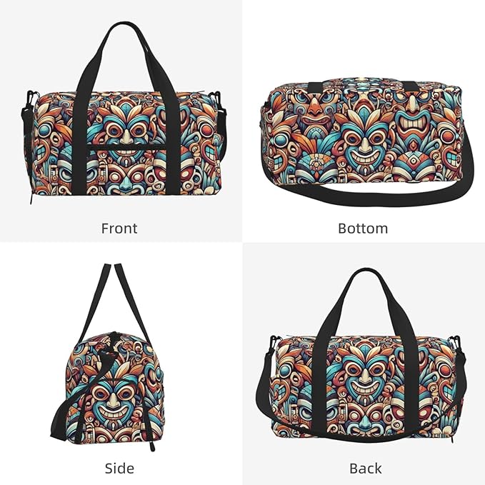 Tiki Masks Print Gym Bag with Shoe Compartment for Women Men, 17.7in Sports Duffle Weekender Tote, Overnight Travel Duffel Bag Carry On