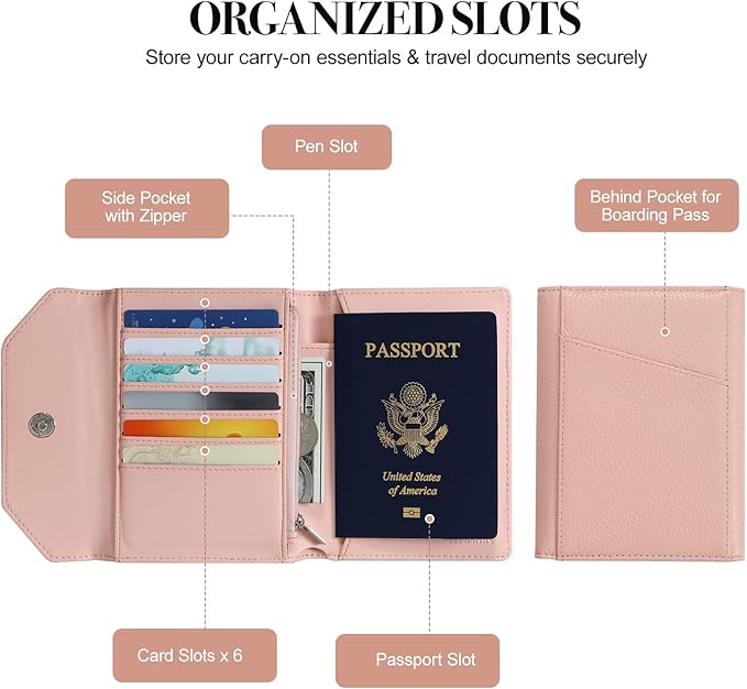 Passport Holder for Travel,Rfid Passport Holder Protect Your Card Security,Passport Book Holder for Women,Travel Wallet with Cards & Pen Slots,Boarding Pass,Zipper Cash Pocket (Pink)