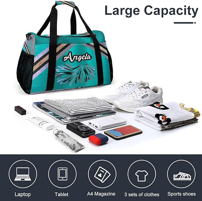 Cheer Teal Blue Cheerleading Pom Luggage Bag Waterproof Duffel Bag Adjustable Shoulder Strap Perform Training Travel Bag for Teens Adults Backpack