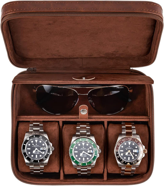 Awesometik 3 Slot Luxury Travel Faux Leather Watch Case. Watch Storage Organizer. Watch Display & Watch Holder. Perfect For Watch Collection. Ready to Gift for Men (3 Slot Watch Case)