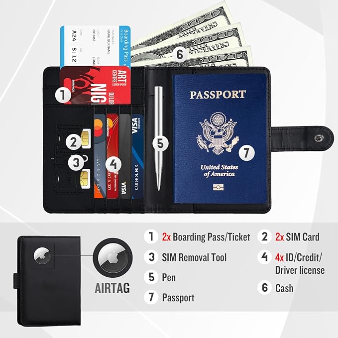 Passport Holder with Airtag Slot Cards Cash Air Ticket Pocket, Travle Gifts for Women Men RFID Blocking Wallet, Passport Book Cover Case Black
