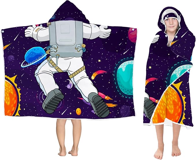 Spaceman Hooded Beach Towel for Boys, Soft & Absorbent Universe Spaceman Poncho Towel, 30”x50” Cool Cartoon Spaceman Bathrobe for Kids, Quick Dry Swim, Pool, and Bath Time