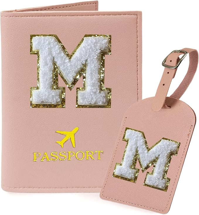 COSHAYSOO Pink Passport Cover Case Holder and Luggage Tag Set for Travel Women Teenager Girls with Initial Monogrammed Letter, Personalized Traveler Gifts Traveling Essential Accessories M