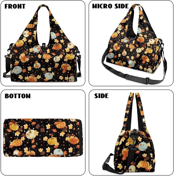 Maple Leaf Pumpkins Small Gym Bag for Women with Shoe Compartment Duffle Bag for Travel Carry On Overnight Weekender Bags Fitness Workout Yoga Tote Bags for Thanksgiving Themed Gifts