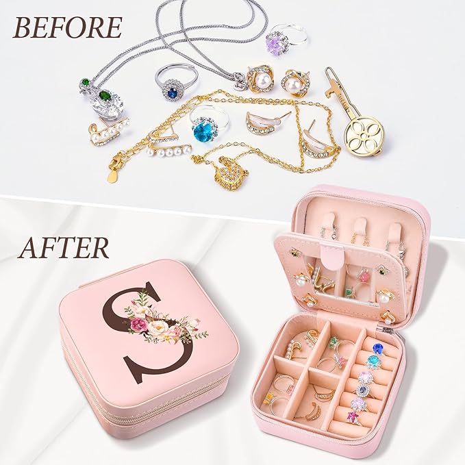 Travel Jewelry Case Box Organizer, Personalized Gifts for Women Wife Mom Aunt, Mothers Day Mom Gifts from Daughter Son, Bridal Shower Giftware for Women, Bridesmaid Proposal Unique Presents, Initial S