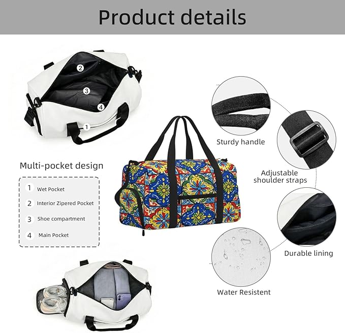 Sports Gym Bag Mexican Talavera Tiles Flower Travel Duffel Bag With Shoe Compartment Shoulder Strap, Lightweight Water-Resistant Weekend Overnight Totes For Women Men
