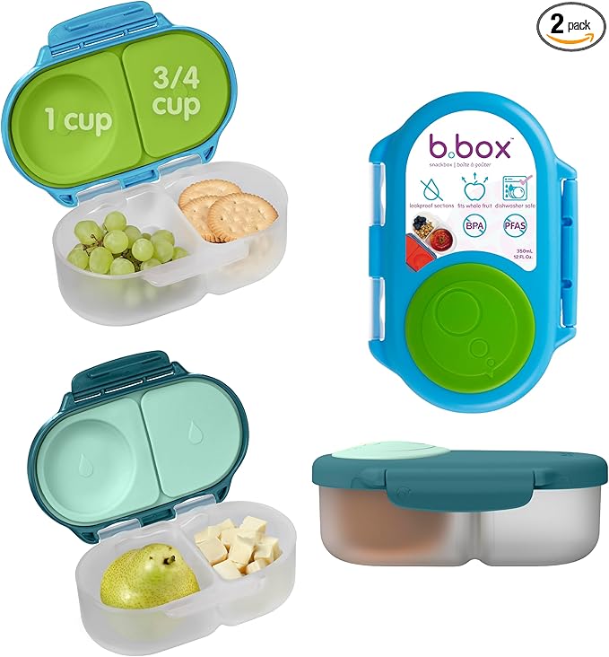 b.box Snack Box 2 Pack - Leak Proof Mini Bento Box for Kids & Toddlers, 2 Compartment Snack Containers for Kids, Dishwasher Safe, BPA Free, PFAS Free, Ages 4m+, 1 3/4 Cup Each (Ocean Blue + Forest)