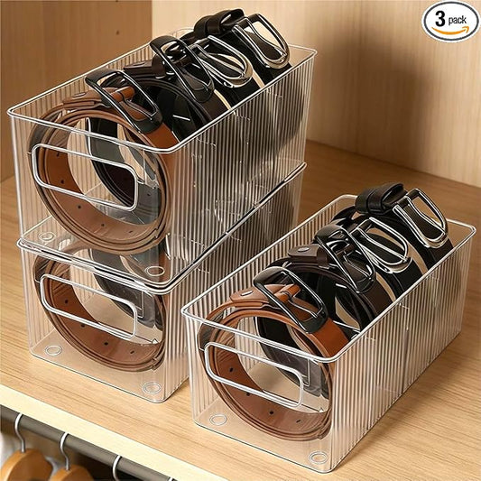 3 Pack Acrylic Belt Organizer - with Adjustable 4 Compartments & Stackable Design, Clear Storage for Closet and Drawer Organization, Display Case Pantry Cabinet Organizers for Ties,Socks,Underwear