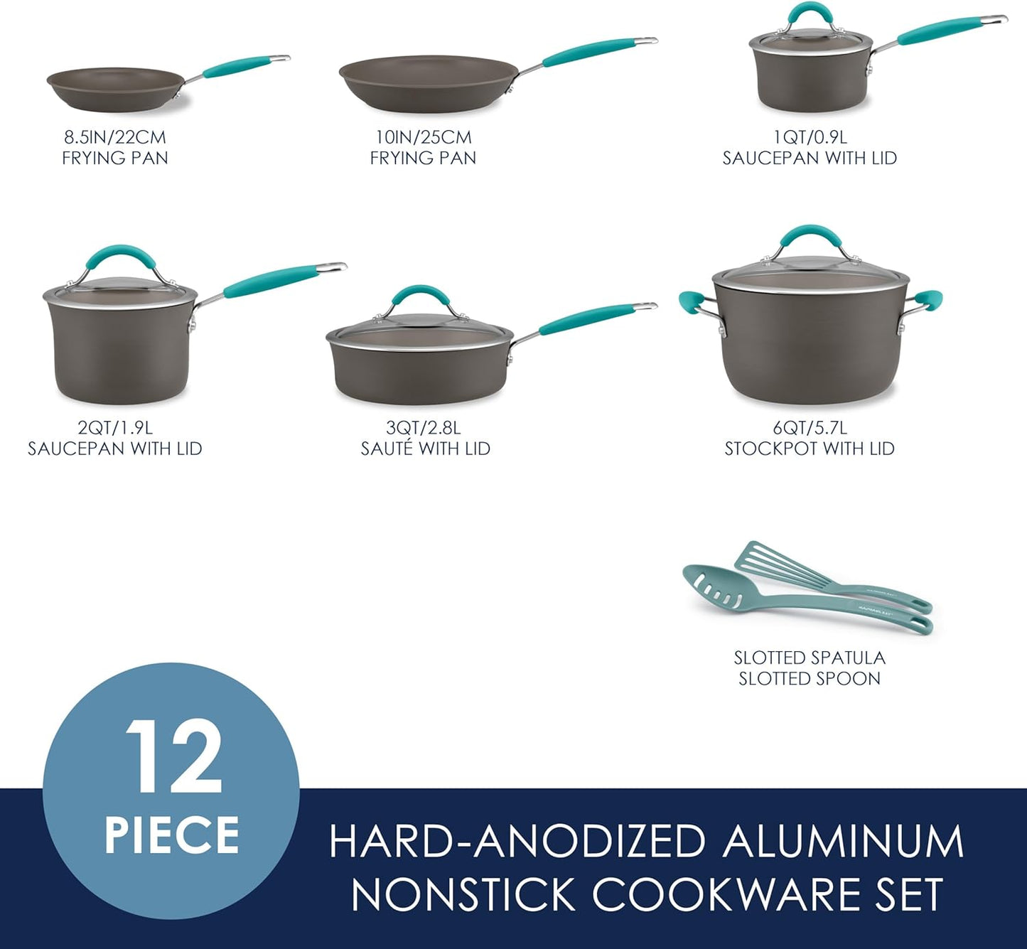 Rachael Ray Cucina Hard Anodized Nonstick Cookware Pots and Pans Set, 12 Piece, Gray with Blue Handles