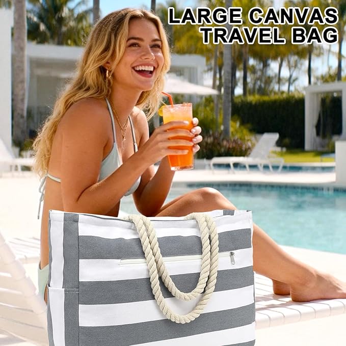 Large Canvas Beach Bag for Women, Beach Bags Waterproof Sandproof with Zipper & Wet Bag Cruise Essentials