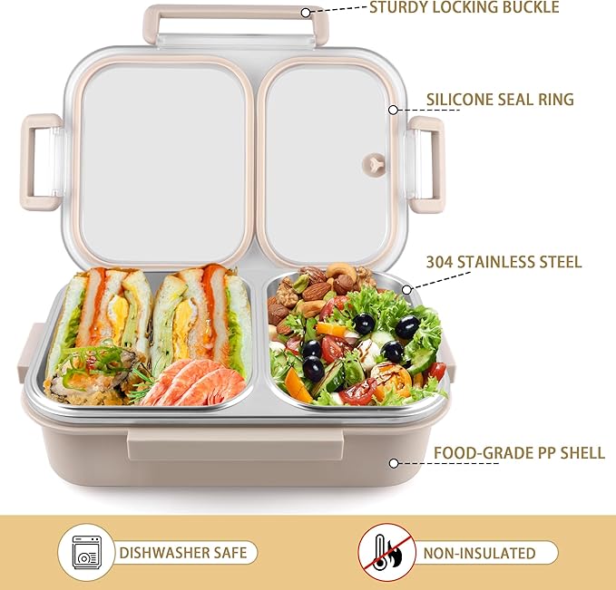 Stainless Steel Lunch Box with 2 Compartments, Leakproof, 30.5 oz Food Storage Containers, Bento Box for Adults,Men,Women(Beige)