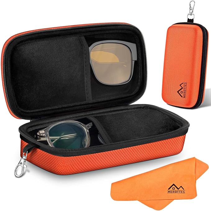Large Double Eyeglasses Case, Shockproof Hard EVA Shell Dual Sunglasses Organizer with Zipper & Metal Hanging Hook, Travel Glasses Storage Case for Men and Women - Orange