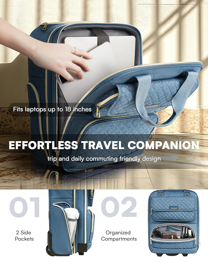Underseat Carry On Luggage with Wheels, Airline Approved Personal Item Luggage, 16-Inch Multi-functional Underseat Luggage, Lightweight Overnight Suitcase for Women, Bussiness, Travel, Blue