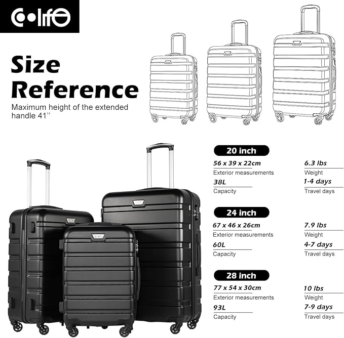 Coolife Luggage 3 Piece Set Suitcase Spinner Hardshell Lightweight TSA Lock (black, 20/24/28)
