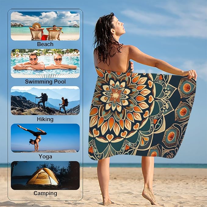 Ethnic Florals Mandala Beach Towel, Large Microfiber Quick Dry Lightweight Pool Bath Towels Sand Free Beach Blanket for Summer Cruise Yoga Camping Travel Vacation Essentials 31 x 61 in