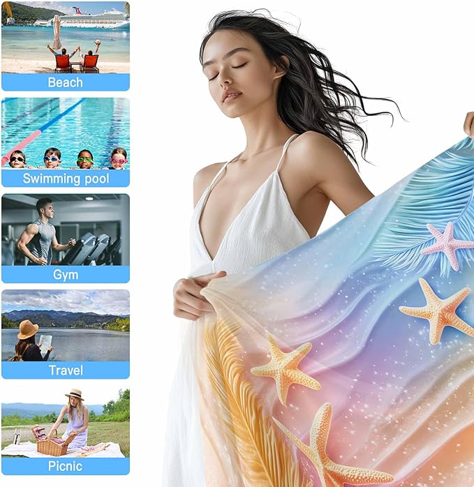 Summer Palm Leaves Beach Towel 35" x 71" Ocean Starfish Quick Dry Sand Free Pool Towels Dreamy Gradient Soft & Absorbent Compact Towels Beach Accessories for Travel Bathroom Swimming Pool