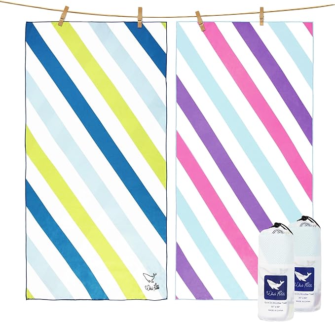 Whale Flotilla 2 Pack Quick Dry Beach Towels Oversized (35"x70"), Microfiber Sand-Free Beach Towel Set, Extra Large Compact Pool Travel Accessories, Green and Pink