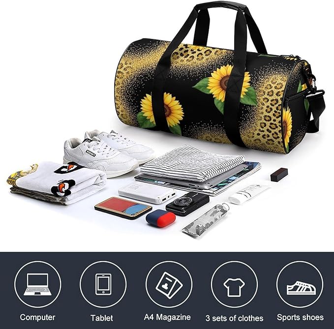 Overnight Weekender Travel Bag Yellow Sunflower Glitter Sparkle Cheetah Leopard Print Gym Sports Travel Workout Bag Basketball Football Weekender Bags