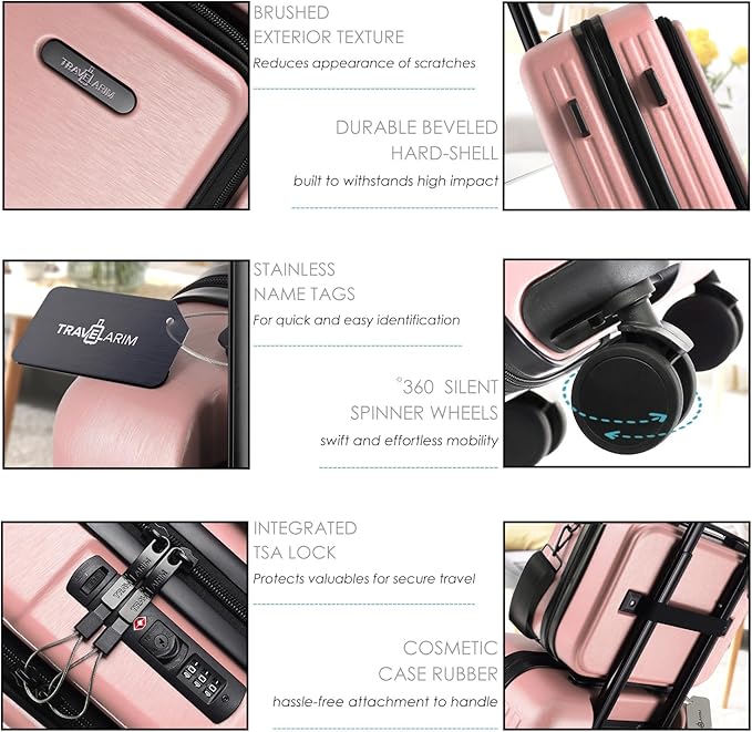 22 Inch Carry On Luggage, Carry On Suitcase with Wheels, Hardside Luggage Carry-On, Expandable Pink Small Suitcase, Hard Shell Carry-on Luggage, Spinner Luggage with Cosmetic Bag